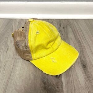 C.C Hat Girls OS Yellow and Beige Tan Mesh Back Criss Cross Pony Cap